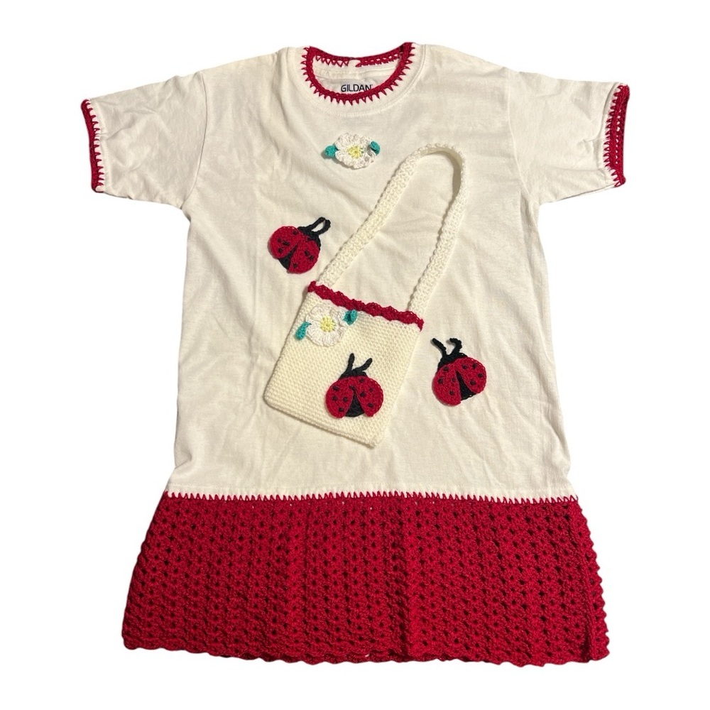 Hand Crafted Ladybug Dress with Matching Purse Crochet Red around White T Shirt